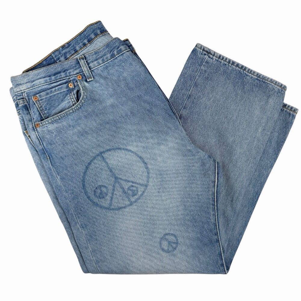 Levi's 501 150th Anniversary Peace Sign Jeans Blue Straight Leg Button Fly 44x30